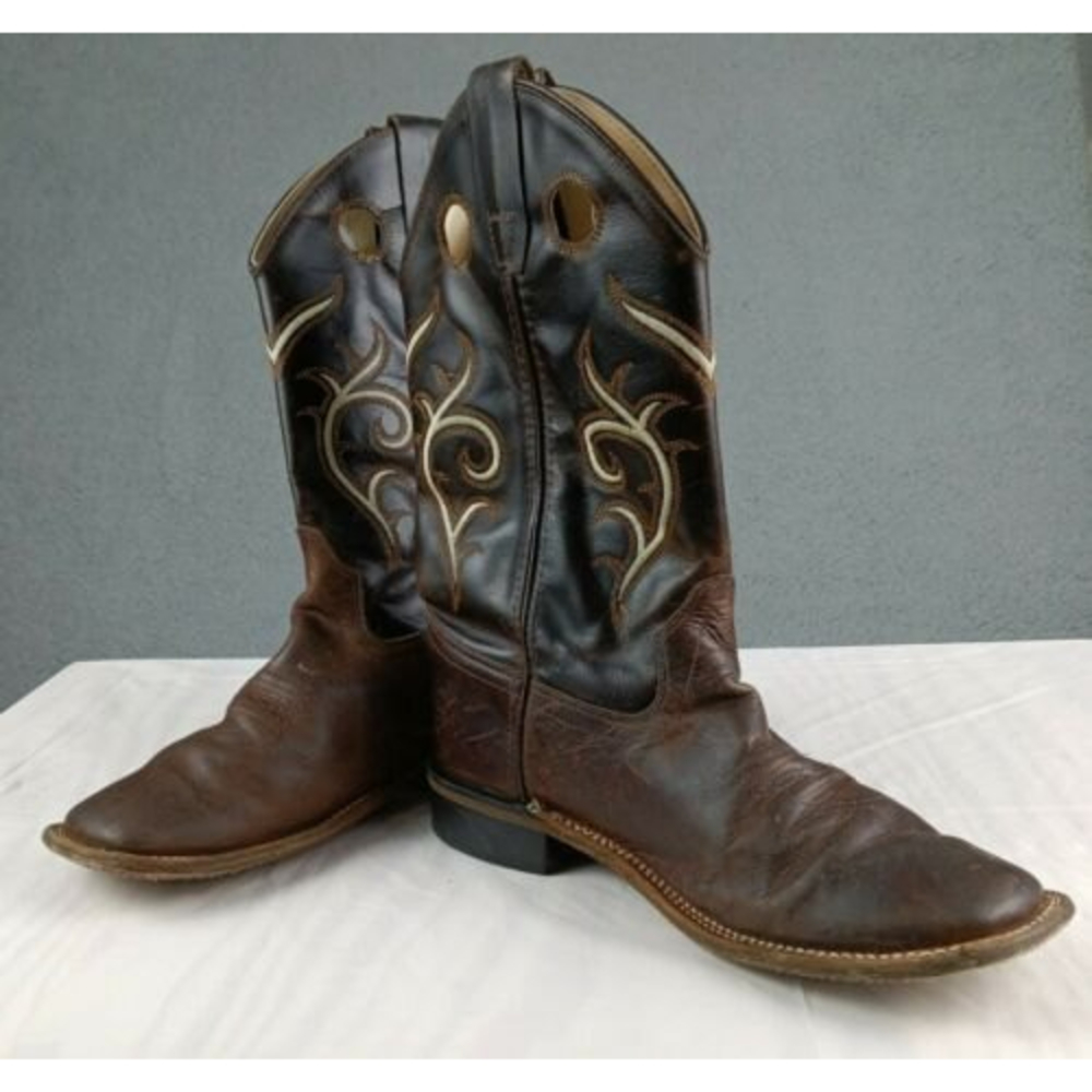 Old West Broad Square Toe Cowboy Boots Sz Youth 4.5 Genuine Leather Embroidered